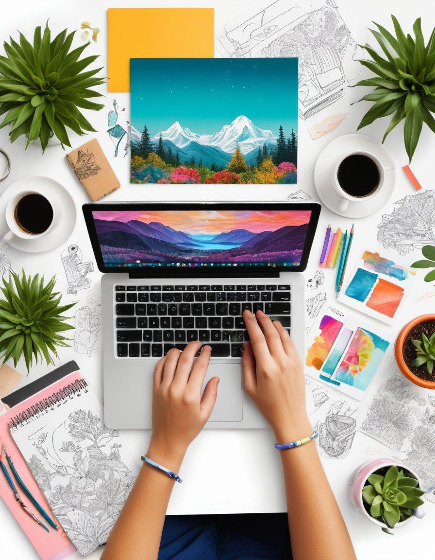 A vibrant collage showcasing a person's hands typing on a laptop, surrounded by colorful sketches, digital devices, and art supplies. Incorporate elements like coffee cups, notebooks, and plant life to represent a cozy and inspiring workspace. The background should depict a dreamy landscape that blends technology with nature, symbolizing creativity and storytelling. super-realistic. vibrant colors. white background.