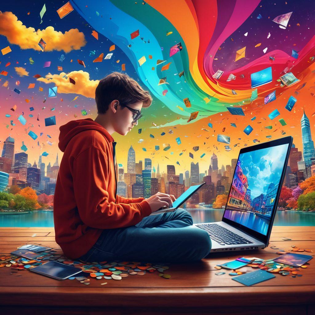 An imaginative scene depicting a digital storyteller at their laptop, surrounded by floating words and images that swirl around, illustrating the power of thoughts transforming into captivating narratives. The background features a blend of vibrant colors symbolizing creativity and inspiration, with elements of technology like tablets and digital screens. Infuse elements of a colorful cityscape and nature to represent diverse storytelling themes. surreal illustration. vibrant colors. 3D.