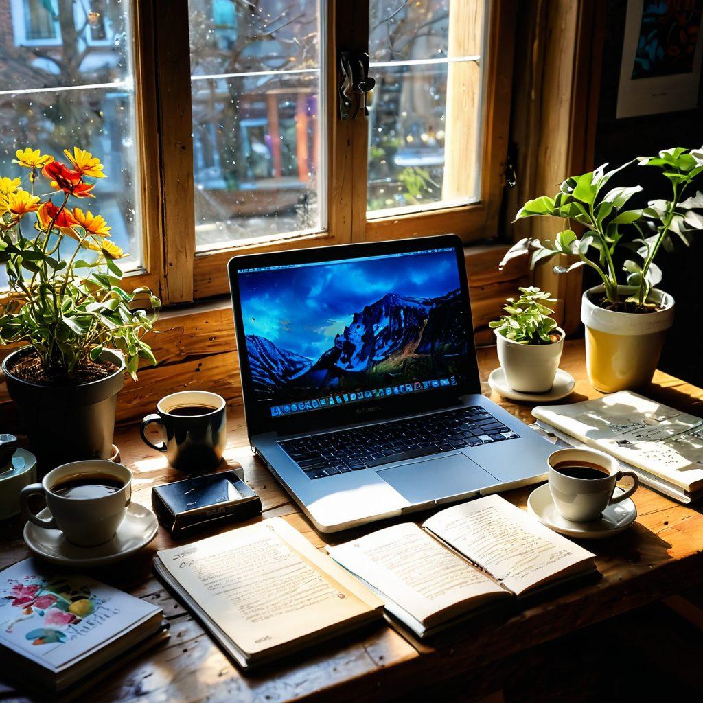 A vibrant and cozy workspace filled with personal mementos, showcasing a laptop open to a blog page about creative expression. Sunlight streams through a large window, casting warm shadows on colorful notebooks and art supplies scattered on a rustic wooden desk. An inviting plant sits nearby, adding a touch of nature, while a cup of coffee steams gently, implying comfort and creativity in the air. super-realistic. vibrant colors. warm atmosphere.